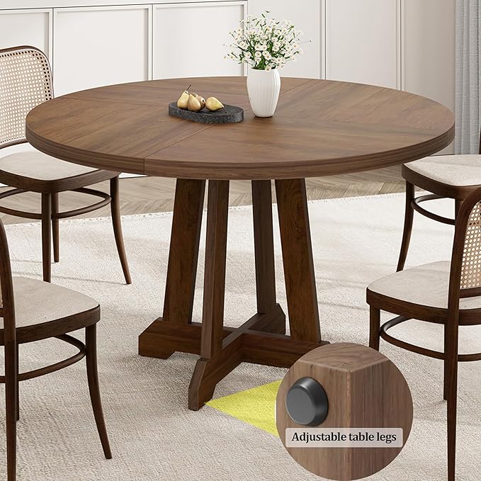 GarveeHome Round Dining Table for 4,Kitchen Dining Room Circle Dinner Pedestal Table,Space Saving Wood Kitchen & Dining Room Furniture,Brown 47-inch Diameter