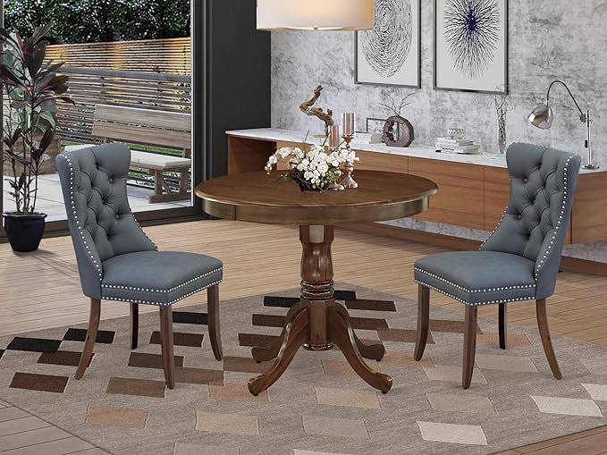 East West Furniture ANDA3-AWA-13 3 Piece Kitchen Table Set Includes a Round Dining Table with Pedestal and 2 Polyester Fabric Upholstered Parson Chairs, 36x36 Inch, Antique Walnut