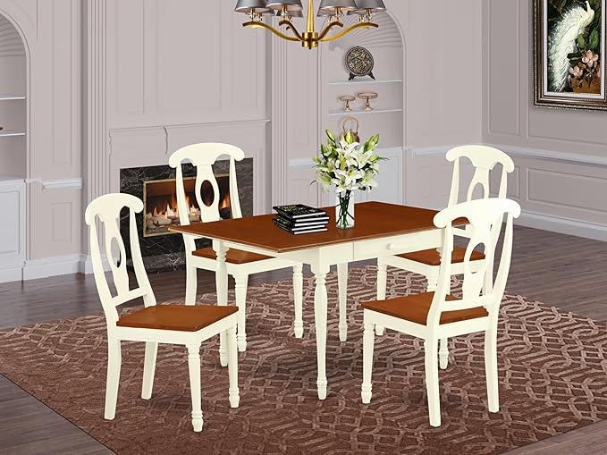 East West Furniture MZKE5-WHI-W 5 Piece Dining Set Includes a Rectangle Dining Room Table with Dropleaf and 4 Wood Seat Chairs, 36x54 Inch, Buttermilk & Cherry