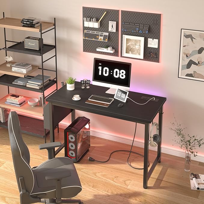 Lufeiya 39 inch Computer Desk with Power Outlet, 40 inch Teen Study Table Home Office Work Writing Desks with Charging Station Outlets Built in, Black