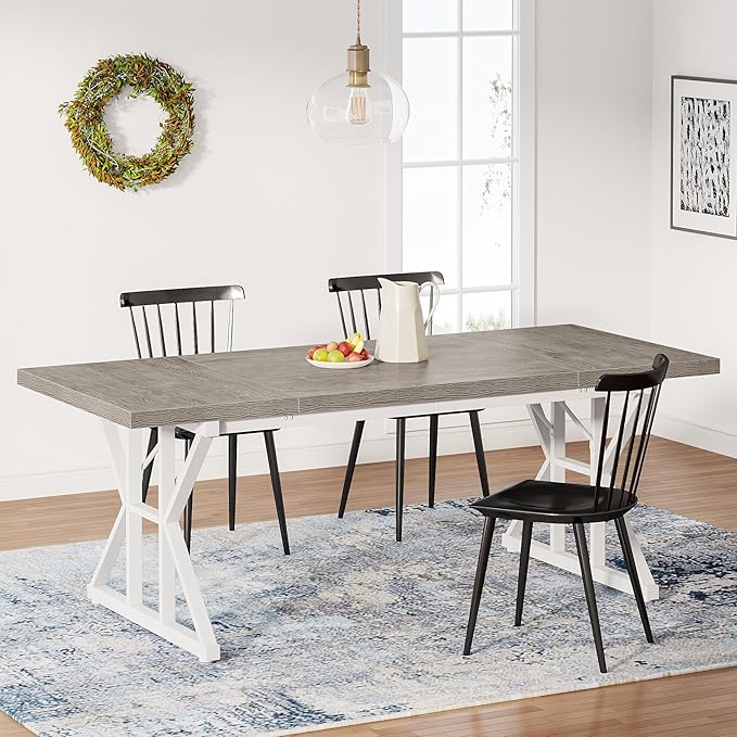 Tribesigns Farmhouse Dining Table for 6 People, 70.8-Inch Rectangular Wood Dining Table, Rustic Kitchen Table with Heavy Duty Metal Legs for Dining Room(Grey)
