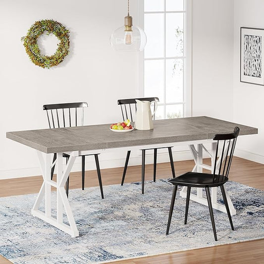 Tribesigns Farmhouse Dining Table for 6 People, 70.8-Inch Rectangular Wood Dining Table, Rustic Kitchen Table with Heavy Duty Metal Legs for Dining Room(Grey)