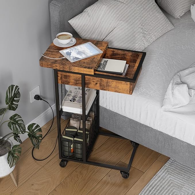 LIDYUK C Shaped End Table with Charging Station, Flip Top Side Table with USB Ports and Outlets, C Table Sofa Table with Storage Shelf for Living Room, Bedroom, Brown