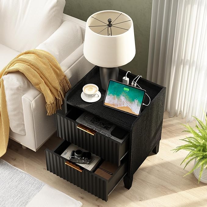 Wnutrees Fluted Nightstand with Charging Station, Modern Bedside Table with 2 Drawers, Farmhouse Wooden End Side Table Living Room, Black