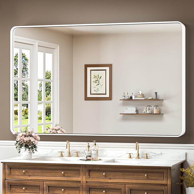 TokeShimi 60 x 36 Inch White Bathroom Mirror for Wall with Non-Rusting Aluminum Alloy Metal Frame Rounded Corner Rectangle Mirror for Modern Farmhouse Home Decor Mirror(Horizontal/Vertical)