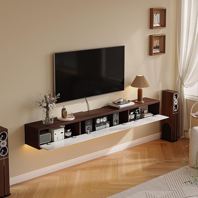 Floating TV Stand High Gloss,86'' Wall-Mounted TV Cabinet,Floating TV Console,Under TV Shelf with 3 Doors for Living Room Bedroom(Walnut+White)
