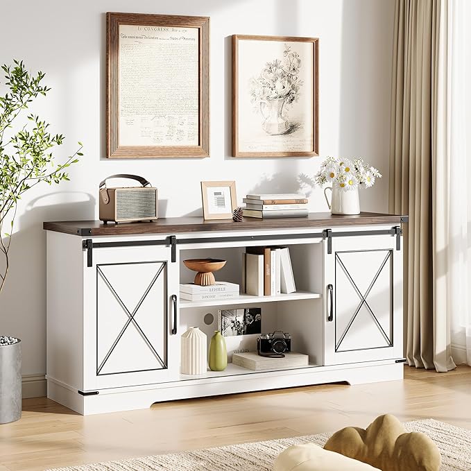 GarveeHome Farmhouse TV Stand for TV up to 65 Inches and Entertainment Center with Sliding Barn Doors, Tv Media Console Table with Storage Cabinet for Living Room, Bedroom, White & Brown