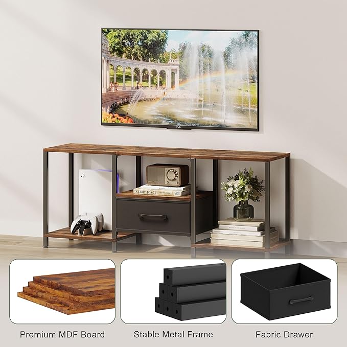 TV Stand with Fabric Drawer for 55 Inch TV, Entertainment Center with Open Shelves, Media TV Console Table for Living Room, Bedroom, Rustic Brown