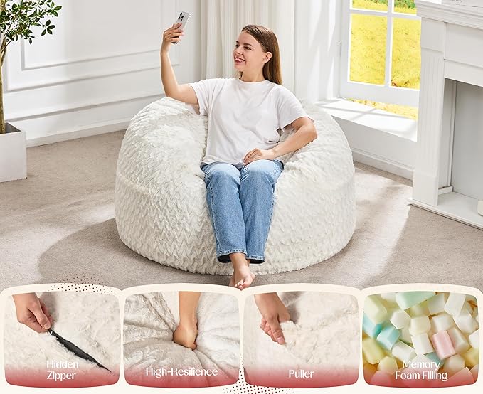 Hobestluk Bean Bag Chair Convertible Beanbag Chairs for Adults, 3 in 1 Bean Bags with Plush Chevron Cover, Adult Bean Bag Chair for Living Room, Bedroom (White, Twin)