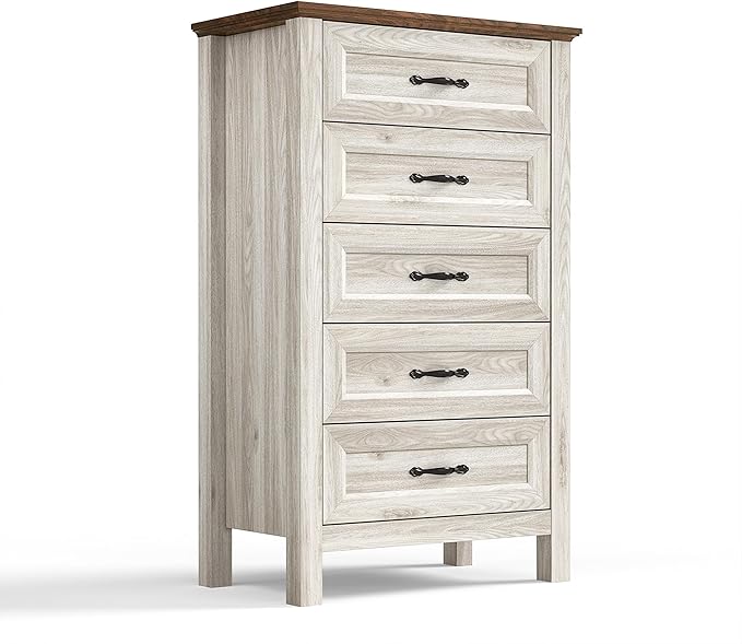 LINSY HOME Tall Dresser for Bedroom with 5 Drawers, 45" Tall Dressers & Chests of Drawers, Modern Farmhouse Large Vertical Dresser with Wood Legs for Bedroom, Closet, Living Room, Hallway, Beige