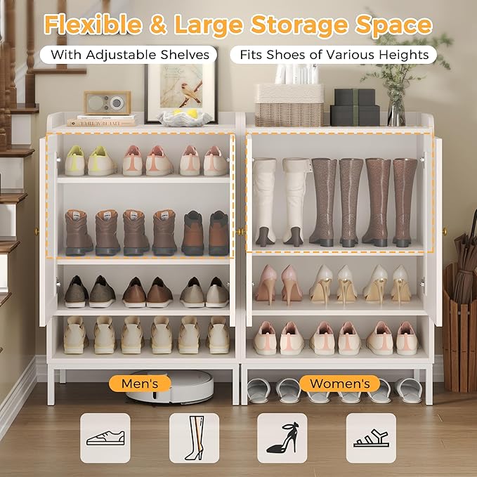 Rattan Shoe Cabinet Storage for Entryway, Shoe Cabinet with Adjustable Shelves for Entryway, 5-Tier, 20 Pair Shoe Rack Storage for Hallway, Closet, Living Room, White