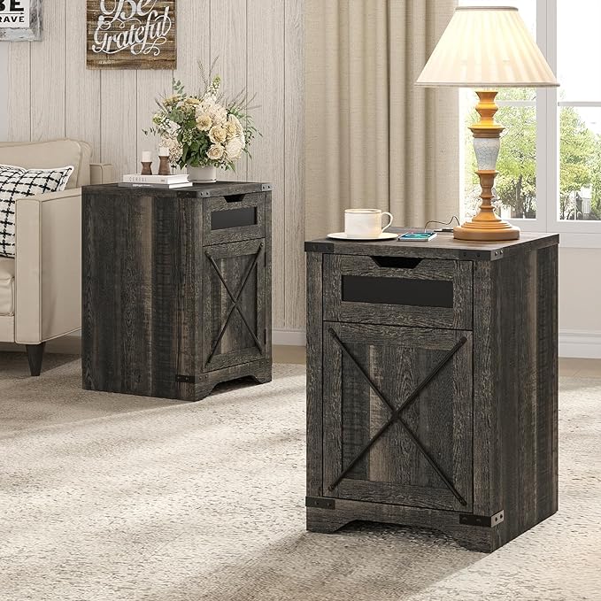 Farmhouse End Table Set of 2 with Charging Station, 26.4" Tall Rustic Nightstand with Drawer and X Barn Door, Country Bedside Sofa Side Table for Living Room, Dark Brown