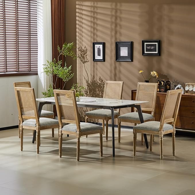 Merax Upholstered Solid Wood Dining Chairs Set of 6, French Country Style Accent Side Seating Furniture for Kitchen, Living Room, Wicker Back, Grayish Green