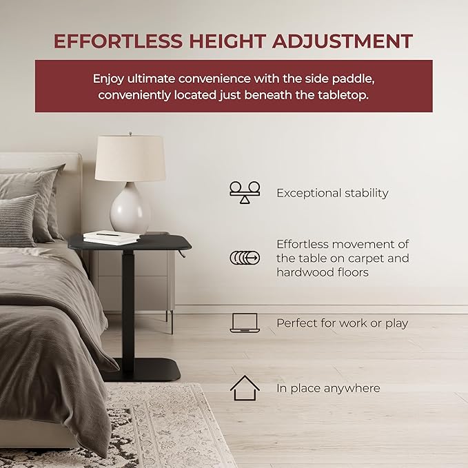 Ergohome™ ELEVANCE Table™ Height Adjustable Side Table for Couch or Bed, Laptop Table - Small End Table Office Coffee Table - C-Shaped Sofa Side Table with Multi-Function Black Base &Carbon Black Top