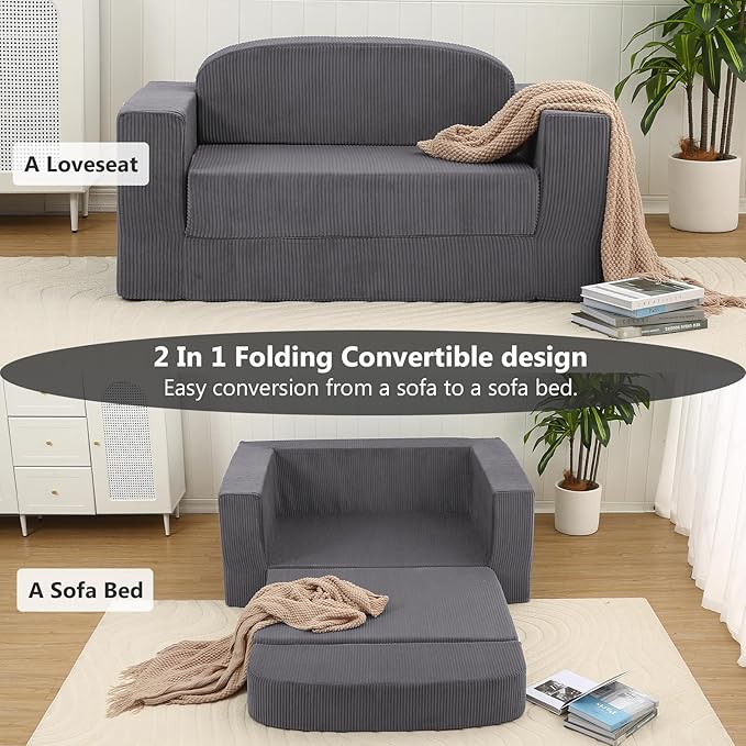 MeMoreCool Convertible Sofa Bed, Pull Out Loveseat Sleeper Sofa, Small Boneless Cloud Couch Bed for Adults, Fold Out Foam Love Seat Grey, Corduroy Folding Floor Couch for Bedroom