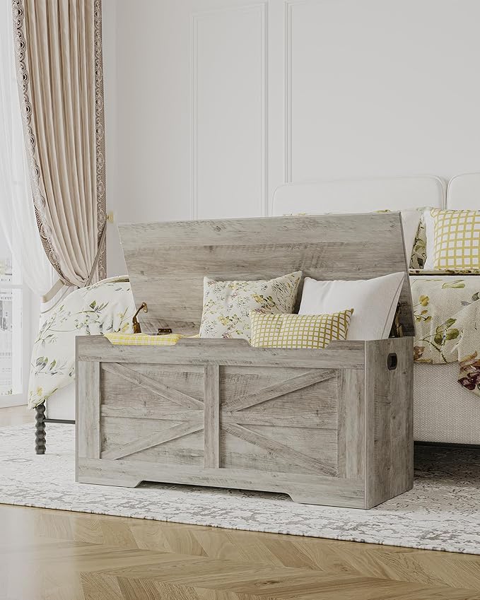 39.4" Storage Chest, Extra Large Storage Trunk with 2 Safety Hinges, Wooden Box Bench, Lift-Top Organizer Chest, Shoe Bench for Entryway, Bedroom, Living Room, Greige SB03405X