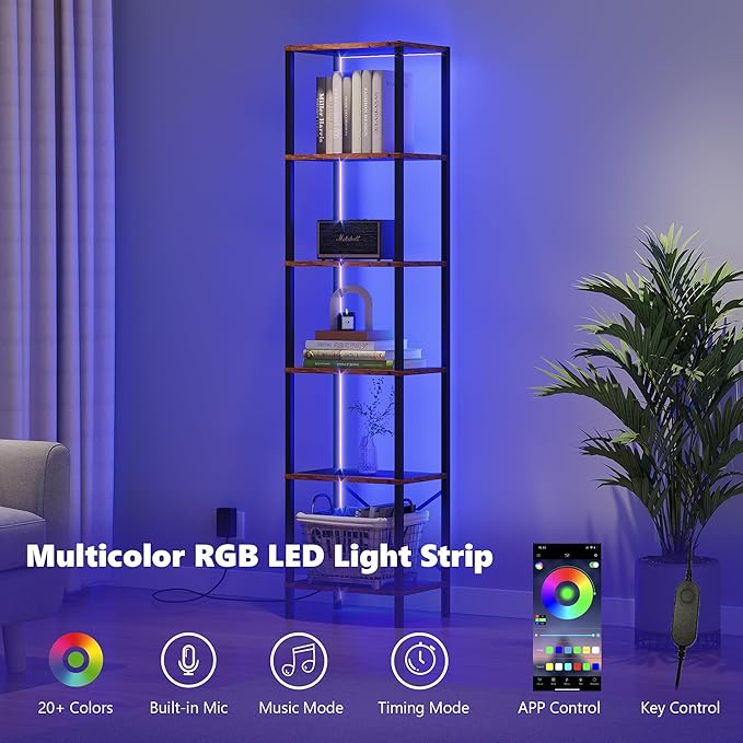 6-Tier Bookshelf, Tall Narrow Bookcase with LED Lights, Book Shelf with Steel Frame, Display Storage Shelf for Living Room, Bedroom, Home Office, Study, Balcony, Rustic Brown
