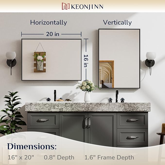 Keonjinn Black Bathroom Mirror for Over Sink 16 x 24 Inch Small Rectangle Vanity Mirror Metal Framed Mirror Brushed Black Wall Mount Modern Farmhouse Bathroom Mirror(Horizontal/Vertical)