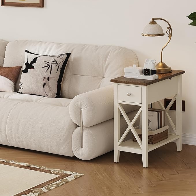 ChooChoo End Table Set of 2 with Charging Station, Narrow End Table with USB Ports and Outlets, Small Side Table Nightstand with Drawer for Living Room, Bedroom, Soft White
