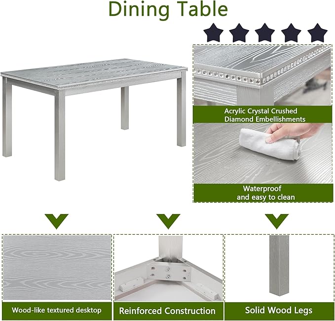 soges 6 Piece Wooden Dining Table Set, Wooden Dining Table with 4 Upholstered Chairs and Bench for 6 People, Rectangular Dining Table Set with Crystal Decoration for Kitchen, Dining Room, Silver Grey