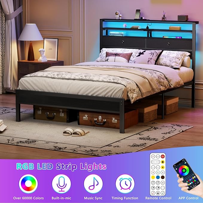 Furnulem Full Size Bed Frame with Headboard & 2 Fabric Drawers, Full Platform Bed Featuring LED Lights, Built-in Charging Station & Storage Shelves, Metal Slats, No Box Spring Needed – Black Oak