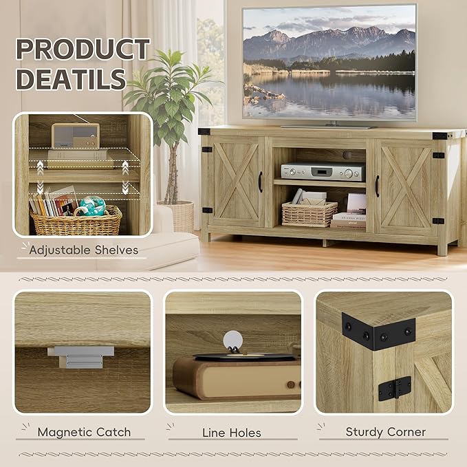 YESHOMY Modern Farmhouse TV Stand with Two Barn Doors and Storage Cabinets for Televisions up to 65+ Inch,Entertainment Center Console Table,Media Furniture for Living Room,Yellow Oak