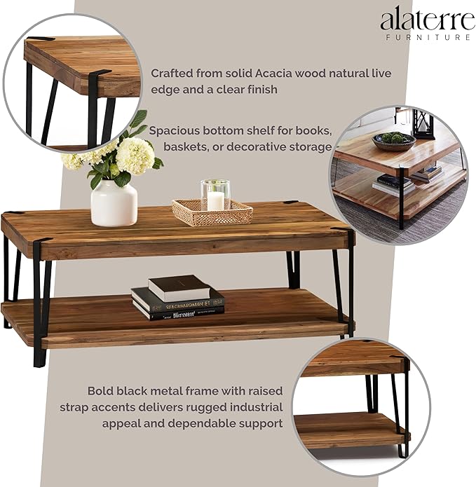 Alaterre Furniture Ryegate 48" Live Edge Wood Coffee Table â€“ Solid Acacia with Metal Frame, Industrial Modern Design, Rustic Rectangle Table with Clear Finish for Living Room or Lounge