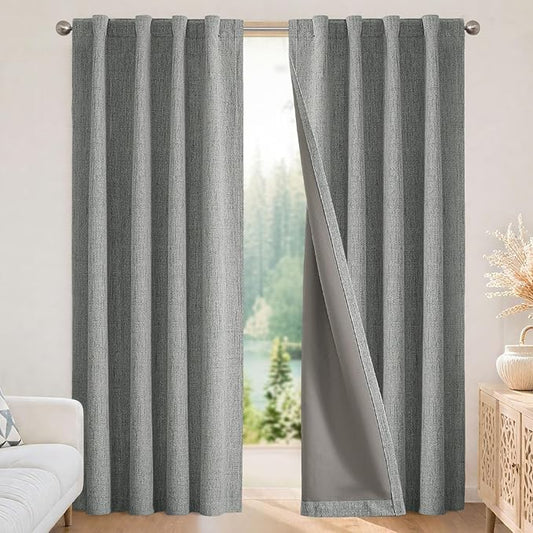 Joydeco 100% Blackout Curtains for Bedroom - Natural Linen Curtains 42" W x 108" L Long, Thermal Insulated 2 Panels Light Grey. Room Darkening Light Blocking Drapes for Living Room