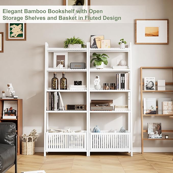 Bamjoy Bamboo White Bookshelf with Slatted Basket, Ladder Bookcase with 4 Display Shelves and 1 Open Storage Basket, Multifunctional Storage Rack Organizer for Home Office, Bedroom, Living Room, 66” H