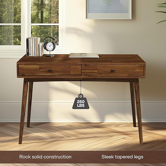 Acacia Lagom 48" Solid Wood Work Desk with Drawers, Home Office Desk Office Furniture, Work Table for Home Office, Scandinavian Style Wood Work Desk for Home Office, Walnut