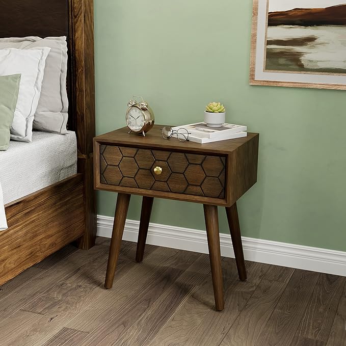 COSIEST Mid-Century Nightstand, Modern MDF Bedside Table, Wood Accent End Table with One Storage Drawer for Bedroom Living Room, Brown