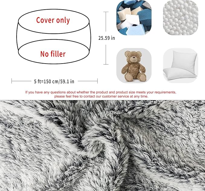 (No Filler) Bean Bag Chair Cover Without Filler,Big Round Soft Fluffy PV Velvet Washable Bean Bag Lazy Sofa Bed Cover for Adults,Living Room Bedroom Furniture Outside,5ft Snow Grey