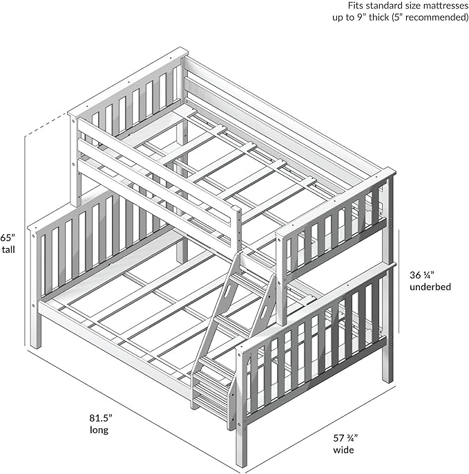 Max & Lily Bunk Bed Twin Over Full Size with Ladder, Solid Wood Platform Bed Frame with Ladder for Kids, 14" Safety Guardrails, Easy Assembly, No Box Spring Needed, White