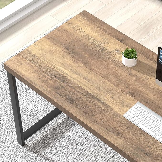 FOLUBAN 60 Inch Home Office Desk, Large Computer Desk with Storage Shelves, Modern Wood and Metal Writing Study Gaming Table Workstation for Living Room, Rustic Oak