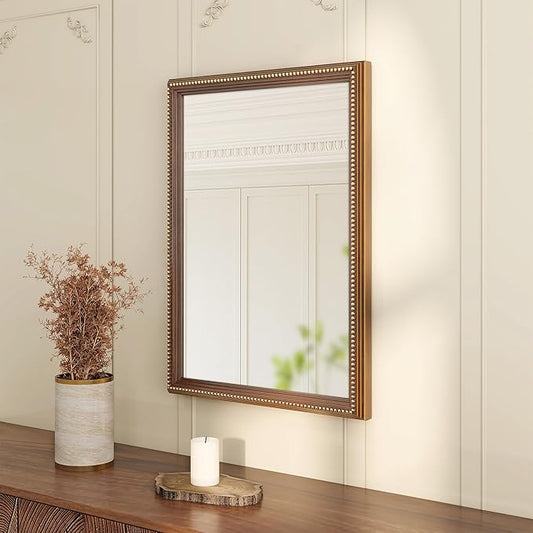 Axeman 22x30 Wood Wall Mirror, Rustic Bathroom Mirror, Vintage Wall Mounted Mirror Tempered Glass with Beaded Wooden Frame for Farmhouse Living Room Vanity Bedroom Entryway, Bronze