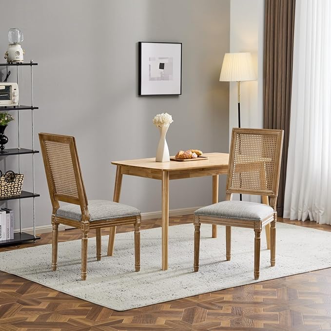 Merax Upholstered Solid Wood Dining Chairs Set of 2, French Country Style Accent Side Seating Furniture for Kitchen, Living Room, Wicker Back, Grayish Green