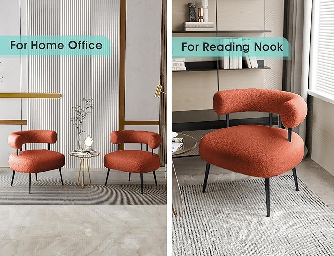 Mid Century Sherpa Boucle Accent Chair, Round Upholstered Barrel Arm Chair for Small Spaces, Fluffy Side Corner Sofa Chair for Living Room, Bedroom, Vanity, Office, Reading Nook（Orange）