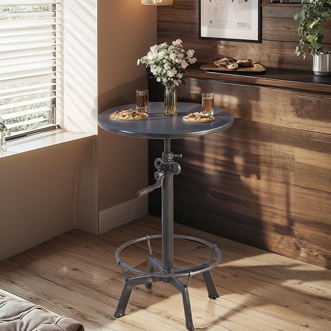 LOKKHAN 33.5"-39.4" Tall Industrial Bar Table-Adjustable Bar Height Pub Table-23.7" Dia Swivel Round Metal Top-Easily Adjusts by Crank Handle, Silver Gray