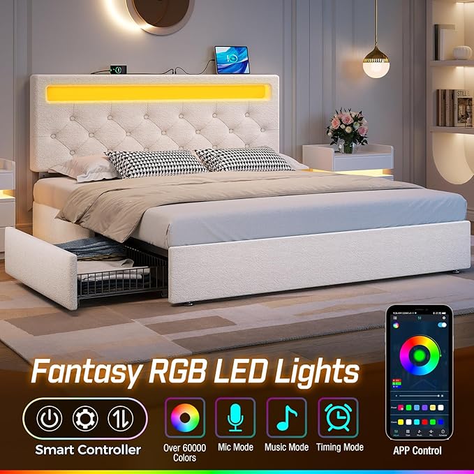 Rolanstar Full Size Bed Frame with 4 Storage Drawers and Charging Station, Full Bed with Led Lights, 2 USB & 1 Type C, Adjustable Headboard 38.9/40.10 Inches, No Box Spring Needed, White