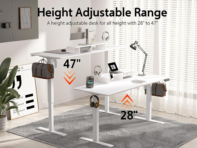 48x24 Inches Electric Standing Desk with Drawer and Monitor Stand, Height Adjustable Desk for Home Office, Ergonomic Sit to Stand with Phone Holder, 3 Hooks, White