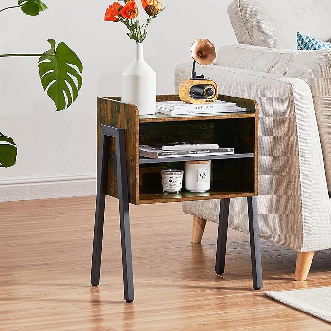 VECELO Nightstand Set of 2,Industrial End Table,Bedside Table with 2-Tier Open Storage Shelves,Wood Side Table with Metal Frame for Bedroom, Living Room,Small Spaces