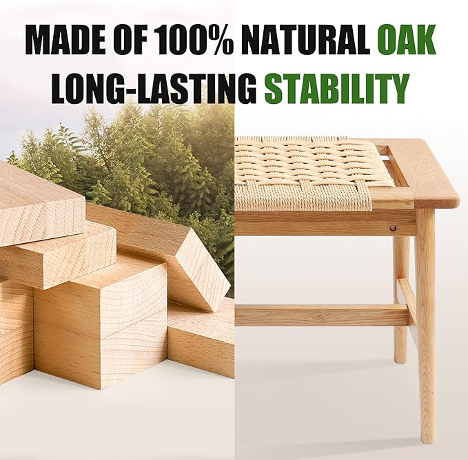 33.5" L Wood Dining Bench Indoor, 100% Natural Solid Oak Bed Bench Hand Woven Enterway Bench Small Bench for Dining Room, Bedroom, Kitchen (Natural)