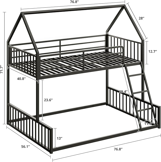 LIKIMIO Bunk Bed Twin Over Full Size, House Bunk Bed Frame with Ladder and Guardrail, House Shaped with Metal Slats Support No Box Spring Needed Space Saving for Bedroom and Dorm, Black