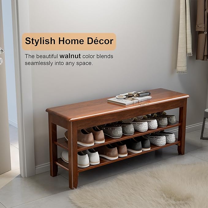 Shoe Storage Bench for Entryway - 3 Tier Shoe Rack for Front Door Entrance, Rubberwood Show Rack, Height Adjustable Entryway Bench with Shoe Storage for Any Room (Walnut, 39.4" W)
