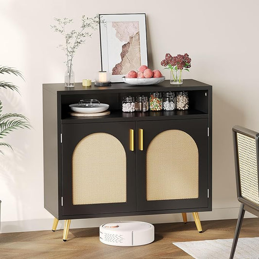 DWVO Buffet Sideboard Cabinet, Accent Storage Cabinet with Natural Rattan Doors and Adjustable Shelves for Kitchen, Living Room and Hallway, Black