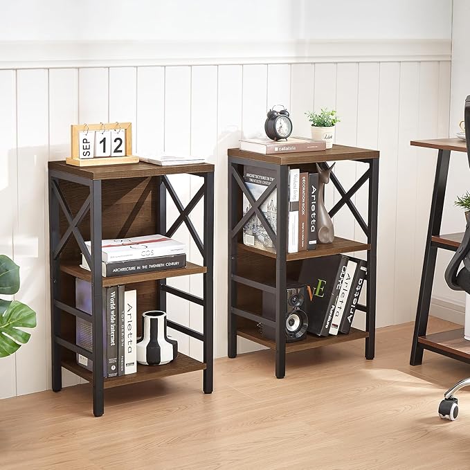 Small Bookshelf,3 Tier Industrial Bookcase with Metal Frame and Backboard,Low Rustic Brown Book Shelf,Book case for Small Spaces,Living Room,Bedroom and Home Office