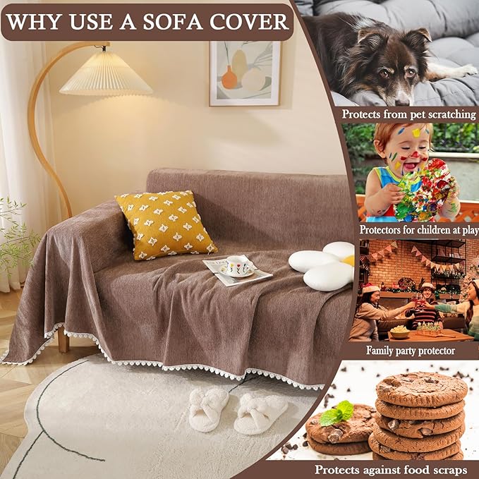 HANDONTIME Brown Sofa Covers Simple Couch Cover for Pet White Floral Couch Cushion Covers for L Shape Chocolate Sofa Throw Cover Sectional Couch Covers for Living Room Machine Washable, 71" X150"
