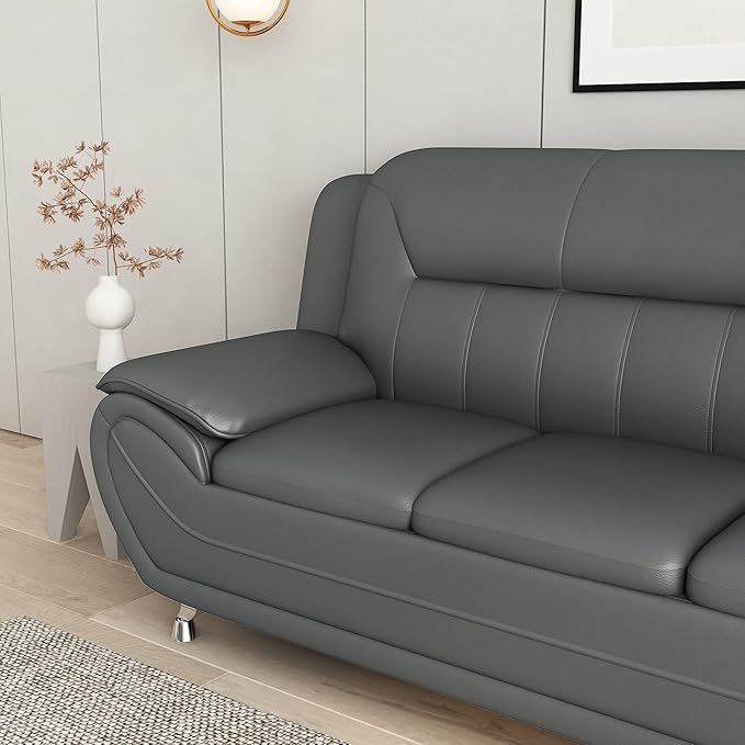Container Furniture Direct Michael Modern Faux Leather Upholstered Stainless Steel Legs Living Room Sofa, Sleek Gray