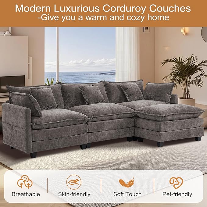 Furniliving 112‘’ L-Shaped Sofa, Luxury Chenille Modular Sectional Couches with Ottoman, Upholstered Deep Seat Sleeper Sofa with Memory Foam and Waist Pillows, Grey