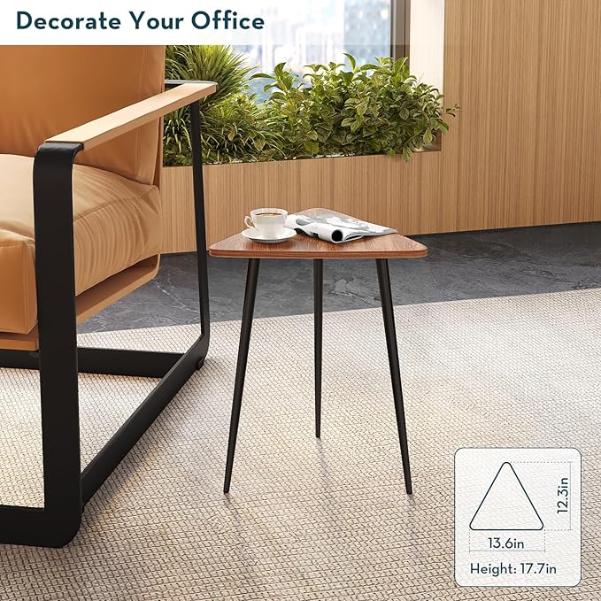 SAYGOER Small Triangle Side Table, Mid Century Modern Walnut End Table, Unique Night Stand Bedside Table Retro Accent Sofa Table for Living Room Bedroom,Medal Black Frame 13.5" W x 12.3" D x 17.7" H
